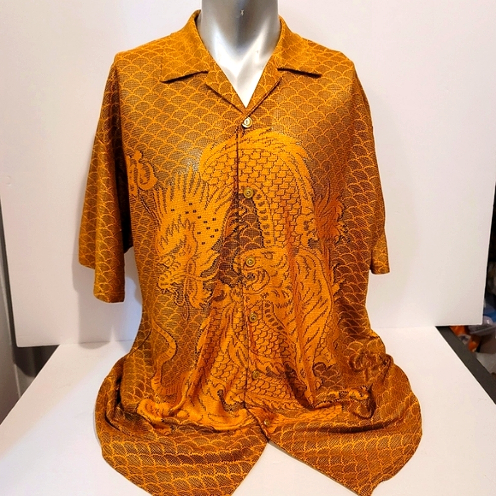 VTG 90s TRUST Club Couture Collect Shirt Shear Mesh Chinese Dragon Lion GOLD